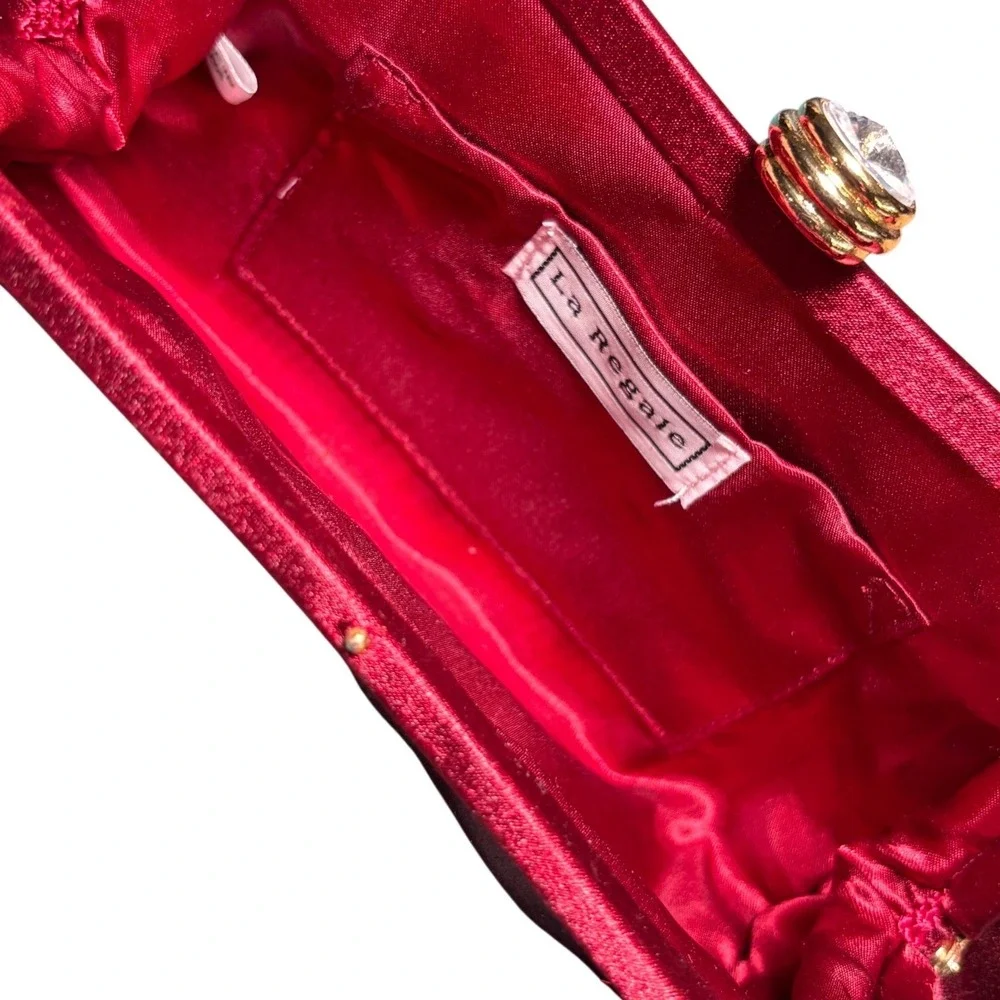 La Regale Evening Clutch Women Small Red Satin Jewel Kiss Lock Chain Strap